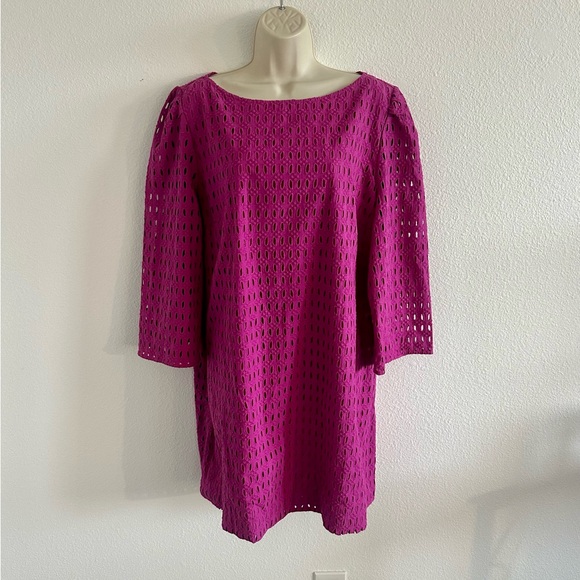 Ann Taylor XXL 2XL NWT Magenta Pink Eyelet Boatneck Shift Dress 3/4 Sleeve - Picture 2 of 11